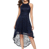 BeryLove Halter Cocktailjurk Voor Dames – Navy Blauwe Hoog-Laag Jurk Met Bloemenkant En Tulle – Mouwloze Elegante Swing Dress Met Slimme Taille En Verborgen Ritssluiting – Feest, Bruiloft Of Avondgelegenheden – Comfortabele Voering En Chic Kantdesign