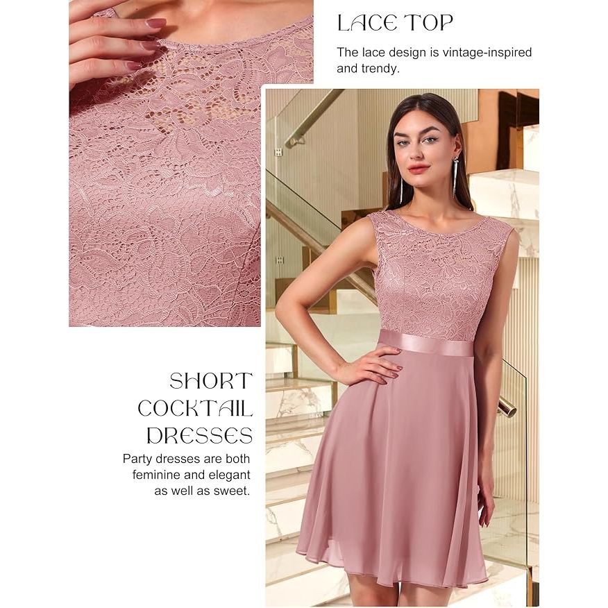 Elegante Damesjurk Van Kant En Chiffon – BeryLove Cocktailjurk Tot Op De Knie – Mouwloze Bridesmaid Dress Met V-Hals En Strikceintuur – Voor Feest, Bruiloft, Diner Of Avond – Luchtig, Zacht En Ademend – Transparant Kant Op Rug En Schouders