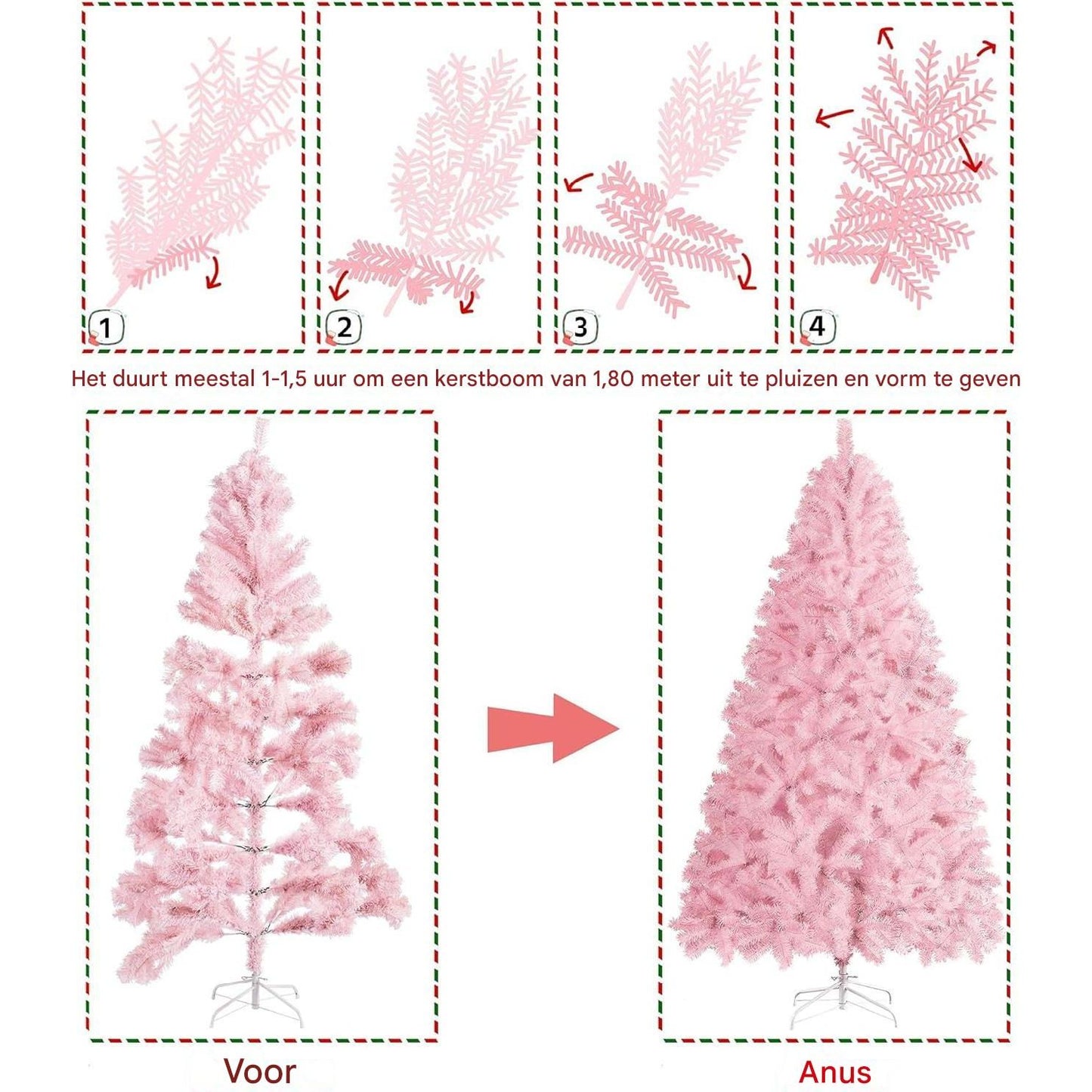 Roze Kunstkerstboom – Indoor & Outdoor Kerstdecoratie – 90cm / 180cm – Inklapbare Standaard – Seizoensgebonden Feestdecoratie
