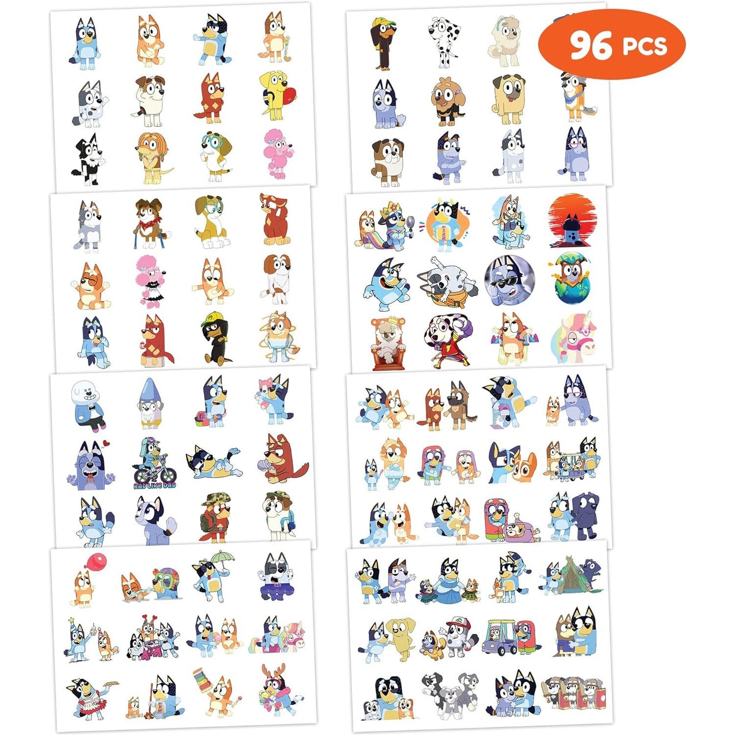 Bluey Themafeest Tijdelijke Tattoos - 8 Vellen, 96 Stuks Cartoonstijl Tattoos voor Kinderen - Veilig en Leuk voor Verjaardagen, Schoolbeloningen en Feestdecoratie