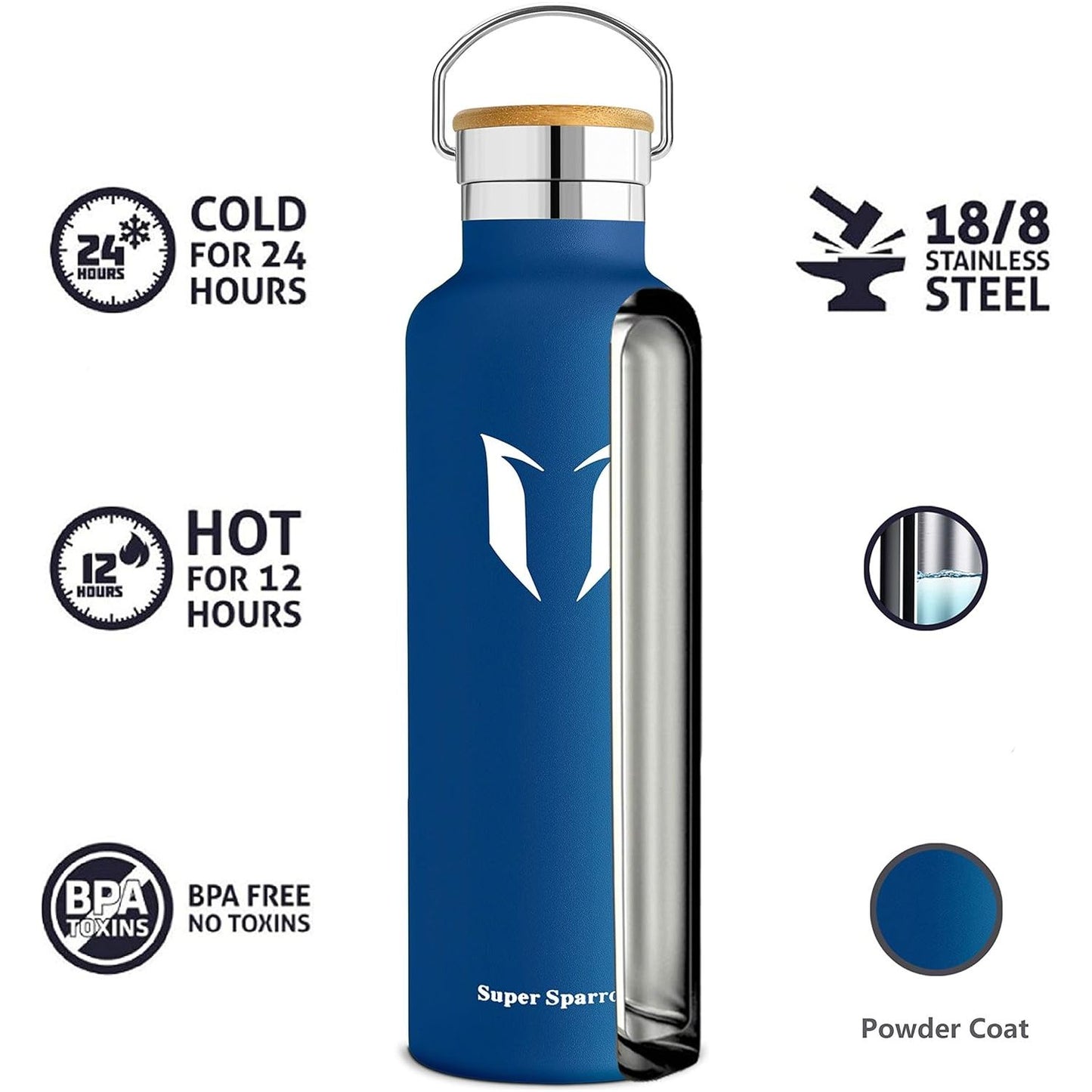 Super Sparrow 750ml of 1000 ml Dubbelwandige RVS Waterfles - Inclusief Sportdop & Karabijnhaak - BPA-Vrij - Isolerend Ontwerp voor Warme & Koude Dranken