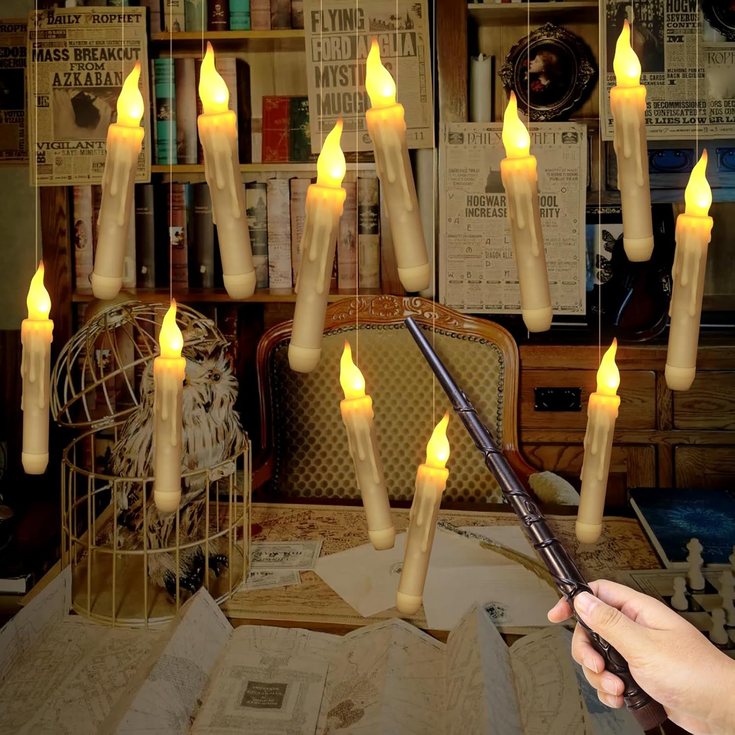 Zwevende LED Kaarsen - 20  Stuks - Met Magische Toverstok Afstandsbediening - Flickerend Warm Licht - Flameloos - Voor Harry Potter Feest, Kerst, Halloween, Bruiloft & Kamerdecoratie