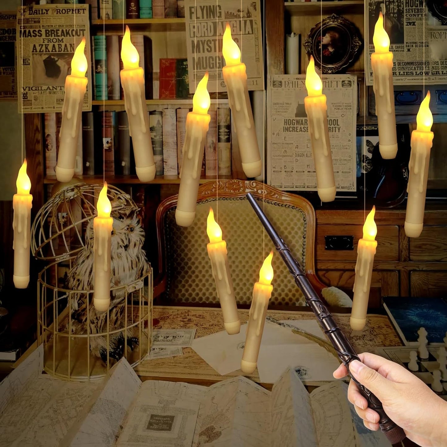 Zwevende LED Kaarsen - 20  Stuks - Met Magische Toverstok Afstandsbediening - Flickerend Warm Licht - Flameloos - Voor Harry Potter Feest, Kerst, Halloween, Bruiloft &amp; Kamerdecoratie
