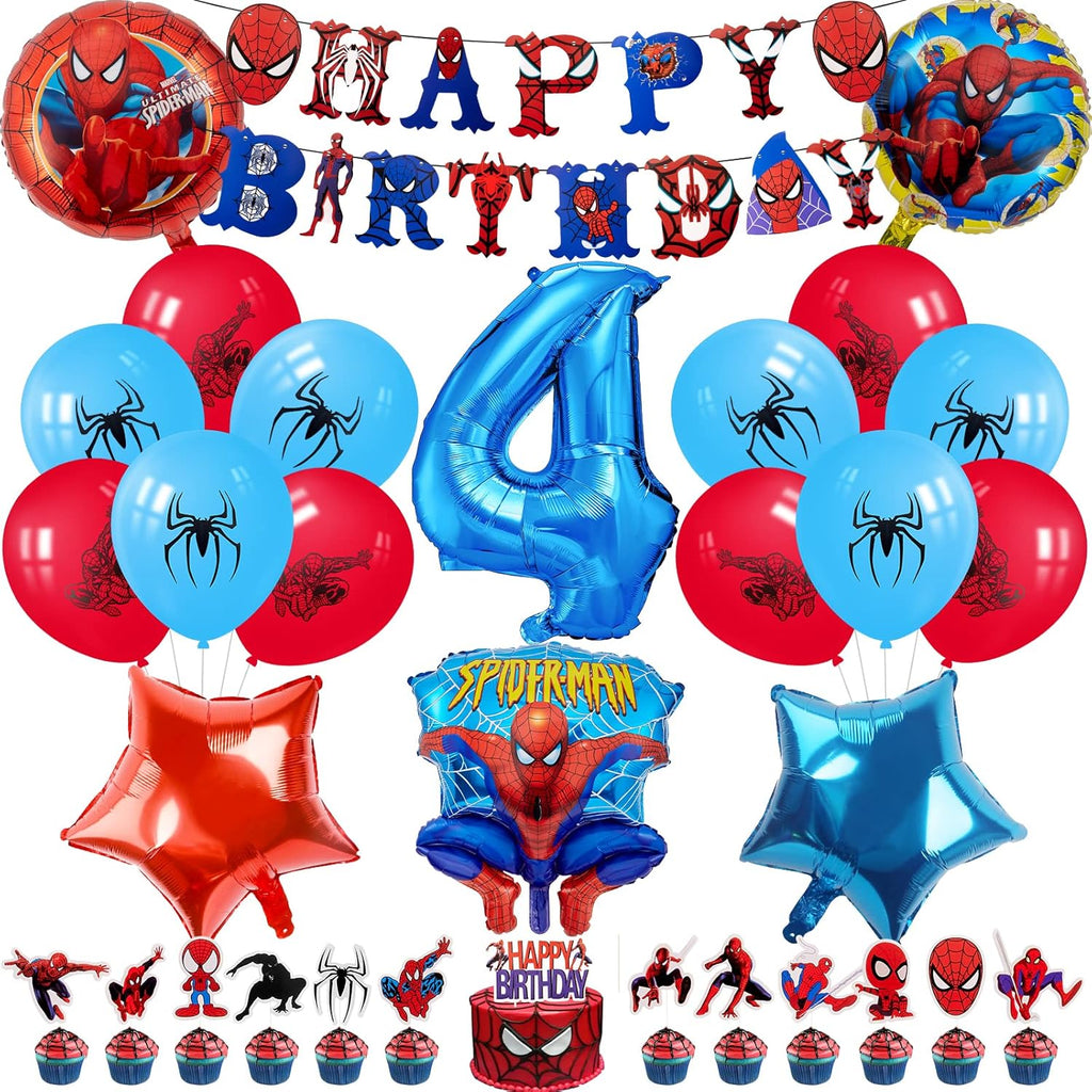 30 Stuks - Spider Ballon Set - Verjaardagsdecoratie voor Spider Party - 4e Verjaardag Ballonnen - Inclusief Happy Birthday Spider Banner, Spiderman Cake Toppers, Folieballonnen, Latex Ballonnen - Ideaal Voor Kinderfeestjes en Babyshowers