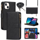 iPhone 13 Mini Hoesje Met Lanyard - iPhone 13 Mini Case - Flip Wallet Lederen Hoes - 9 Kaartsleuven - Dubbele Magnetische Sluiting - Beschermende Cover Voor iPhone 13 Mini - Zwart - Shockproof TPU Beschermhoes