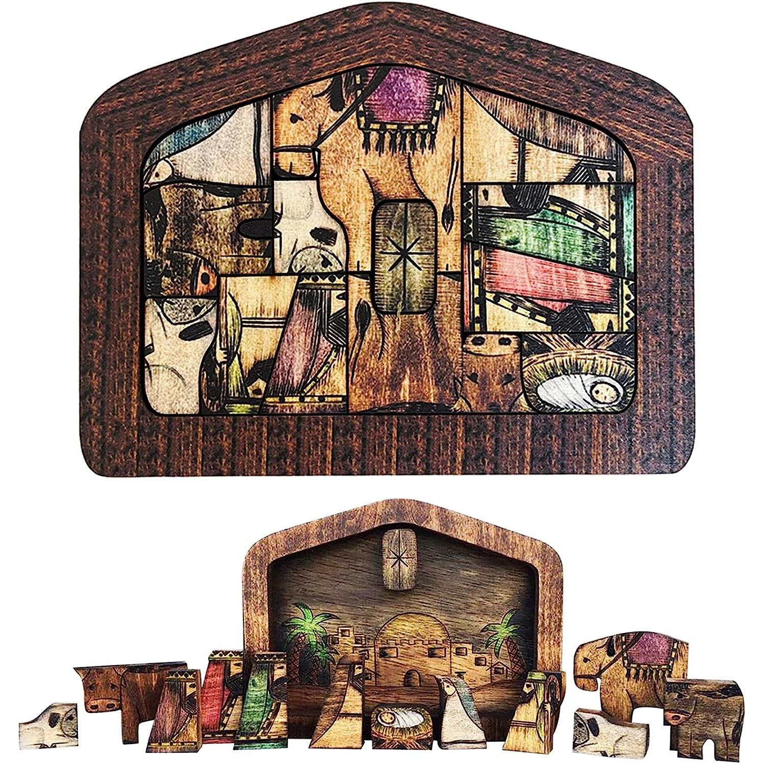 1 Stuk - Houten Jezus Puzzel Standbeeld, Kerstpuzzel met Houtgebrand Ontwerp, Jezus Puzzels, Kerststal Set, Legpuzzel Spel voor Volwassenen en Kinderen, Huisdecoratie, Verjaardagscadeau Geschenken (Klein 7.9 x 5.9