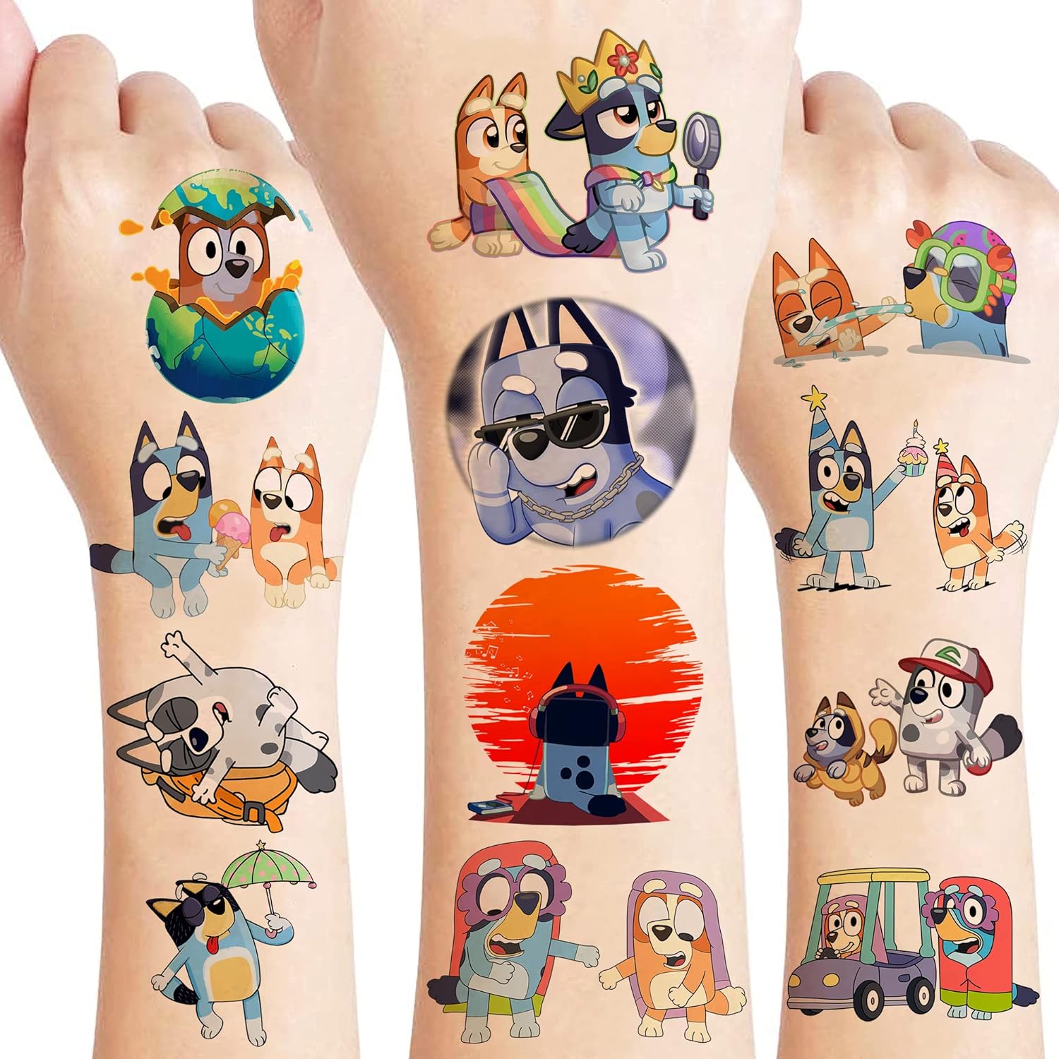 Bluey Themafeest Tijdelijke Tattoos - 8 Vellen, 96 Stuks Cartoonstijl Tattoos voor Kinderen - Veilig en Leuk voor Verjaardagen, Schoolbeloningen en Feestdecoratie