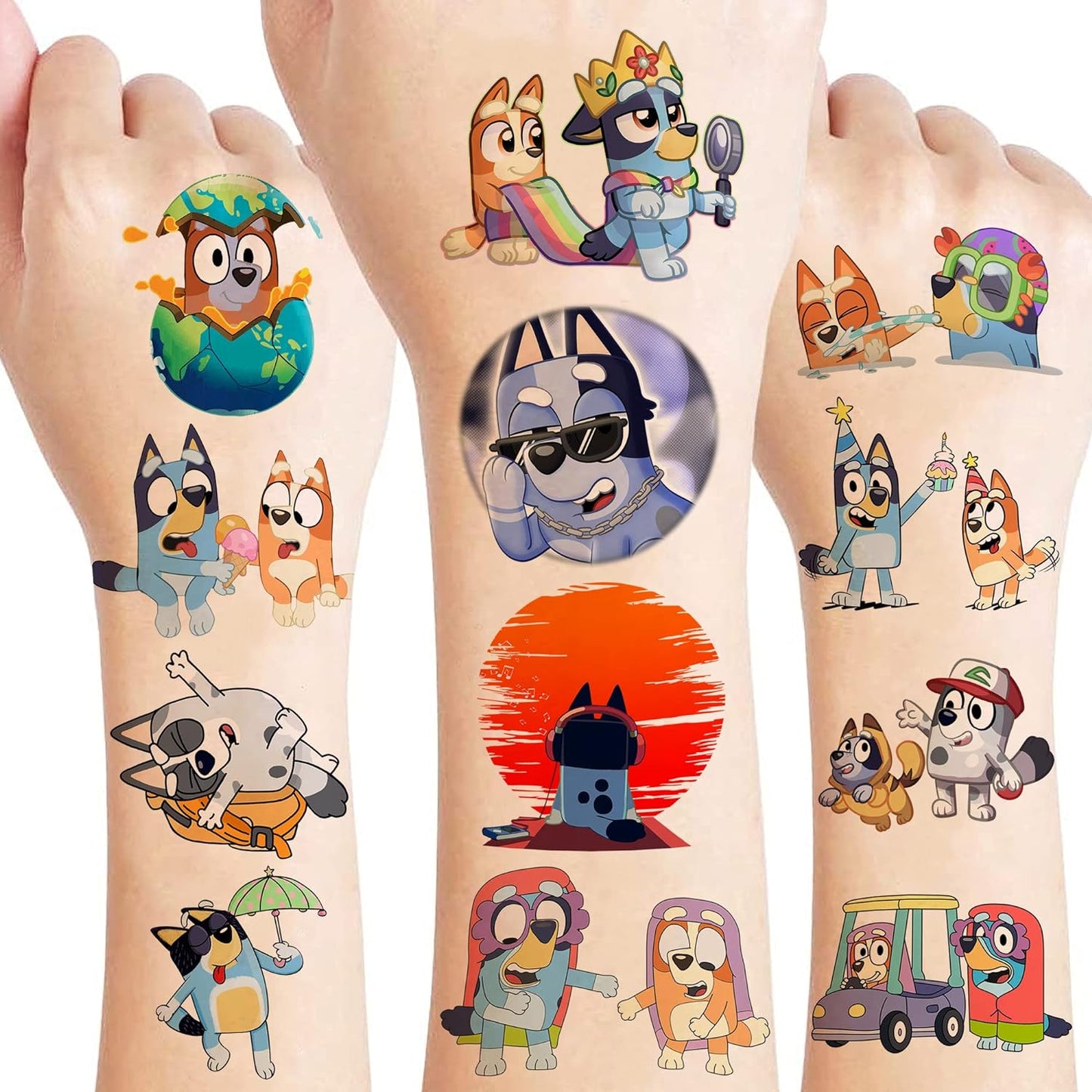Bluey Themafeest Tijdelijke Tattoos - 8 Vellen, 96 Stuks Cartoonstijl Tattoos voor Kinderen - Veilig en Leuk voor Verjaardagen, Schoolbeloningen en Feestdecoratie