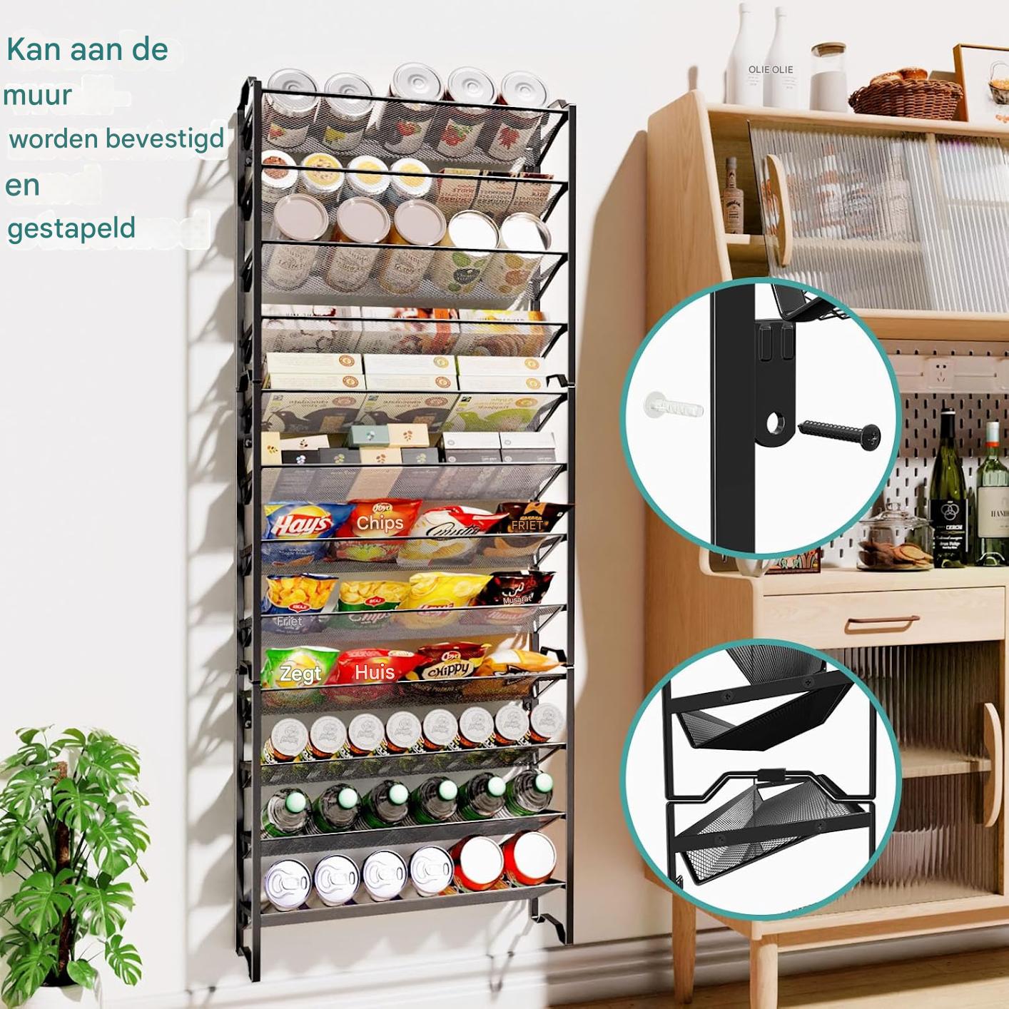 2 Stuks - Wandrek Kruidenrek – Staand of Hangend Kruidenrek – 8 Lagen – Ruimte voor 24 Potjes – Metaal – Zwart – Keuken Organizer voor Specerijen en Kruiden – Kruidenhouder voor Wand of Kastdeur – Industrieel Design