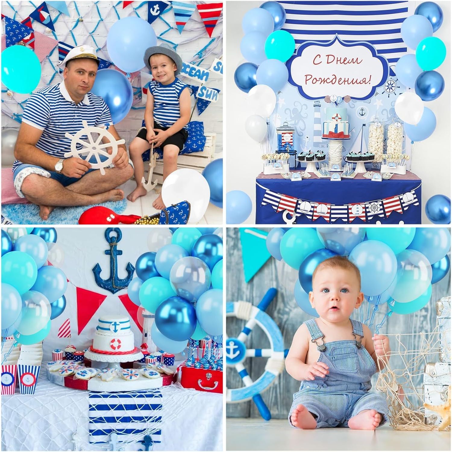 Set van 60 stuks blauwgroene ballonnen - 12 inch ballonnen met oceaanthema met lint - Perfect voor verjaardagen, babyshowers, onderwater- en oceaanfeestdecoraties - Inclusief pastelkleurige, metallic en transparante latexballonnen