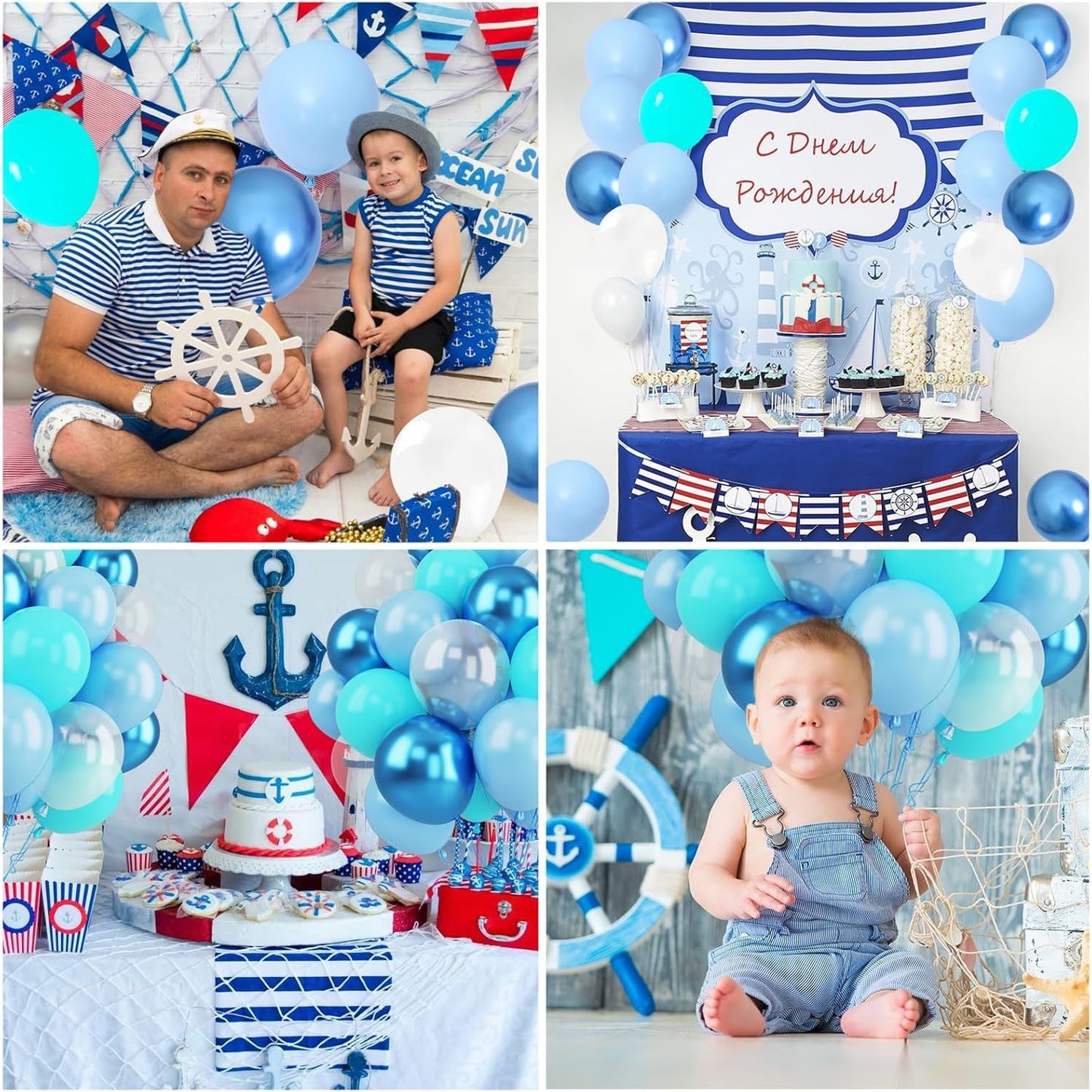 Set van 60 stuks blauwgroene ballonnen - 12 inch ballonnen met oceaanthema met lint - Perfect voor verjaardagen, babyshowers, onderwater- en oceaanfeestdecoraties - Inclusief pastelkleurige, metallic en transparante latexballonnen