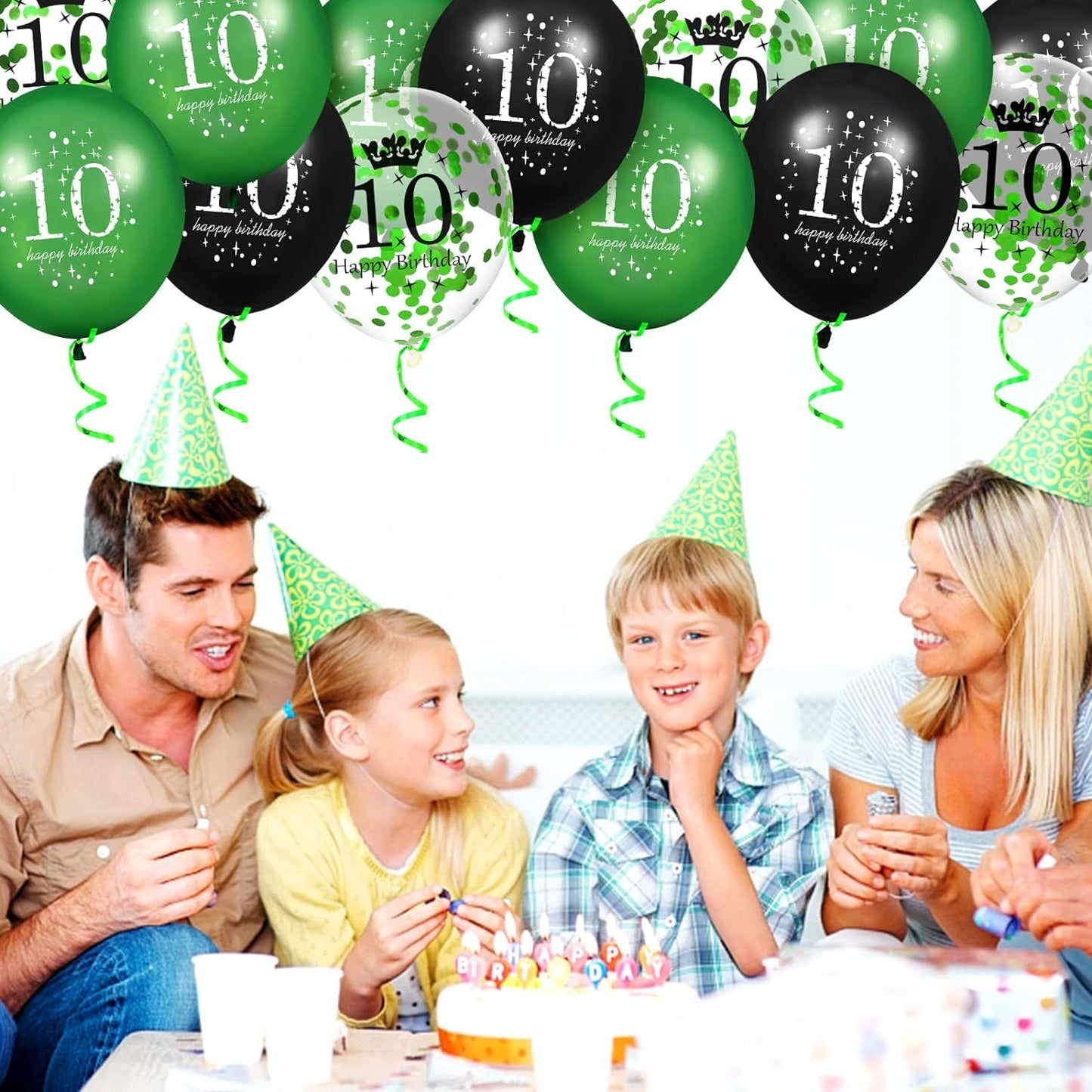 10e Verjaardagsballonnen Set voor Kinderen - 18 Stuks Tiende Birthday in Levendig Groen, Zwart & Confetti - 30cm - Perfect voor Binnen- & Buitenfeestjes