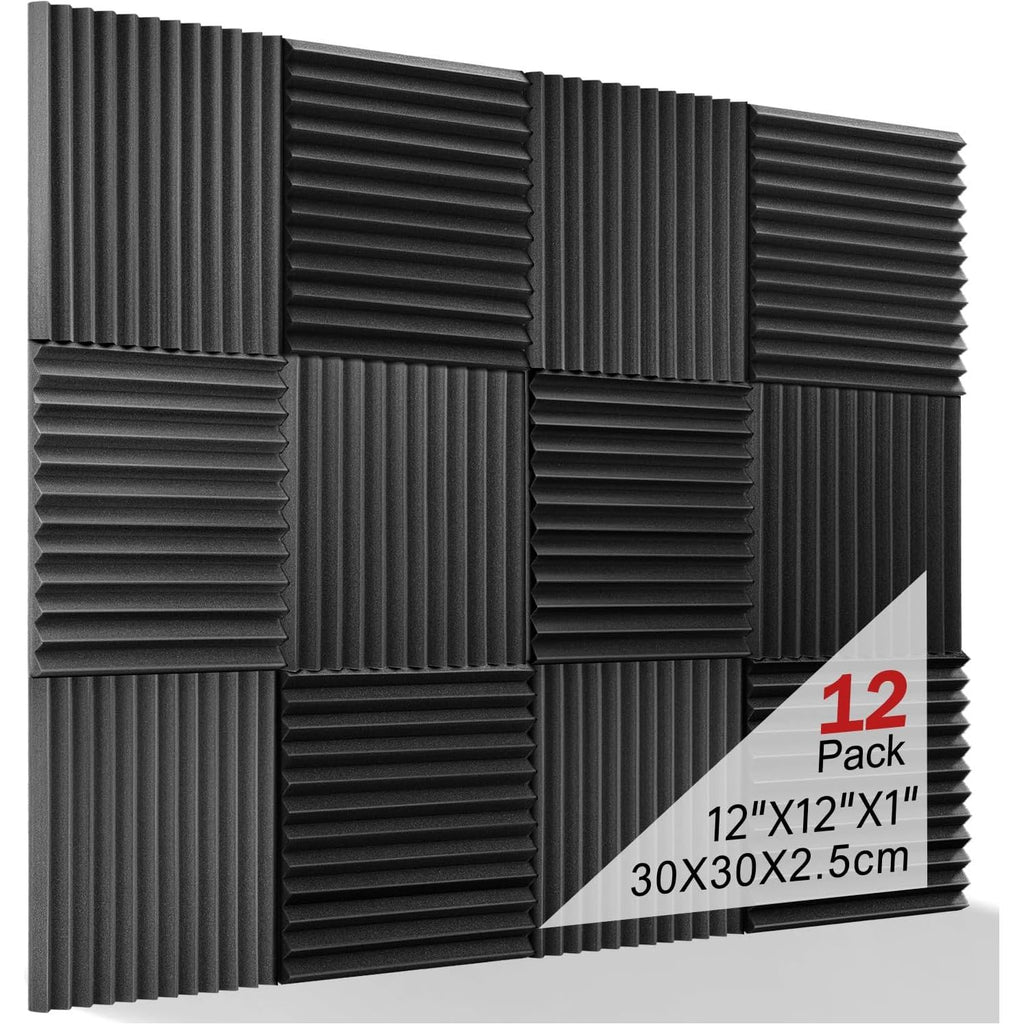 12-Delige Premium Akoestische Schuimmatten Set voor Studio & Kantoor - 30x30x2,5 cm Zwart Polyurethaan - Superieure Geluidsabsorptie, Milieuvriendelijk, Eenvoudig te Installeren - Ideaal voor Podcasts, Muziekproductie & Geluidsverbetering