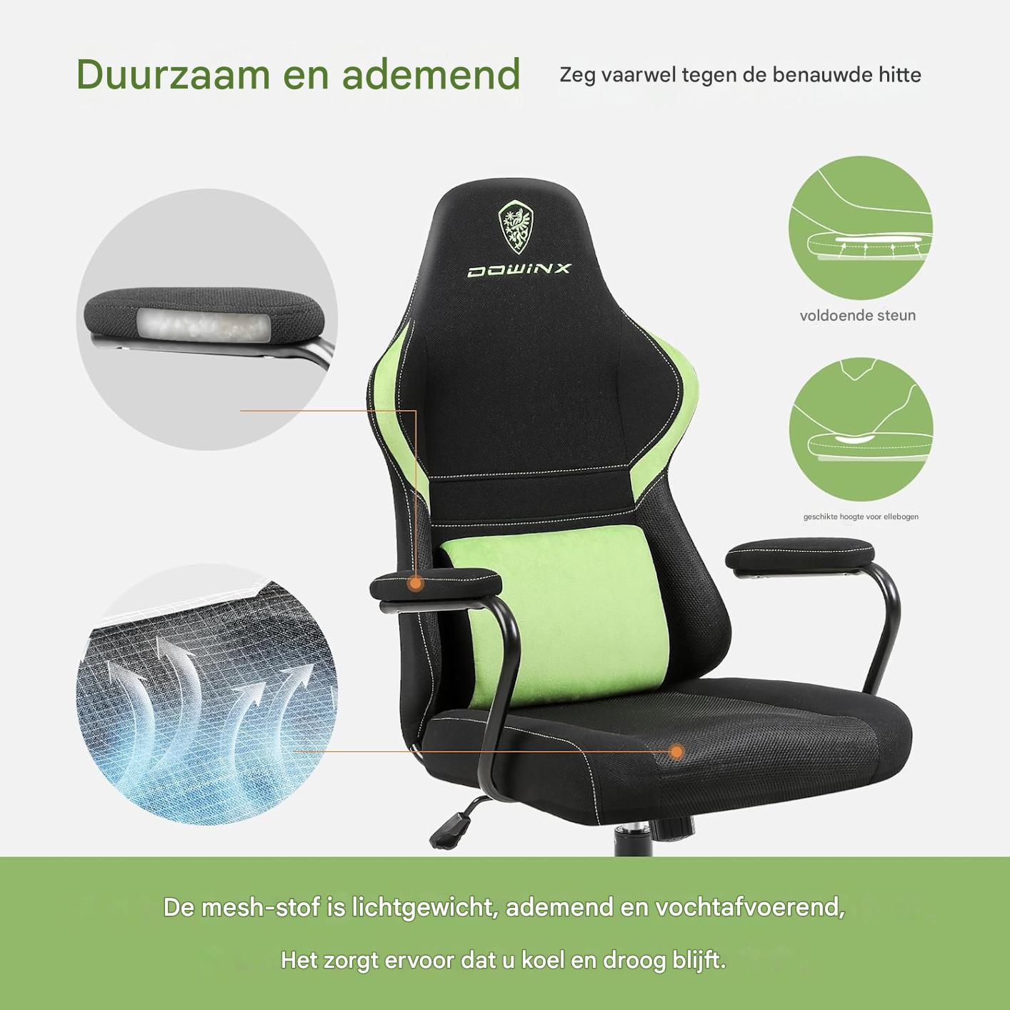 Dowinx Mesh Gaming Chair - Ergonomische Bureaustoel - Verstelbare Hoge Rugleuning - Lendensteun - Schommelstoel - Ademend Gaas - Verstelbare Hoogte - Comfortabel en Compact Ontwerp