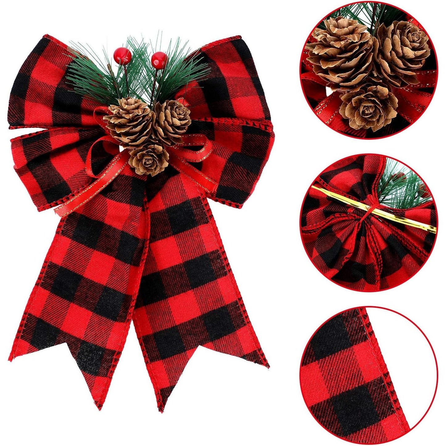 4 Stuks - Kerst Strikken Buffalo Plaid met Denneappels - Binnen- en Buitenversiering - Kerstboom Decoratie - Zwart en Rood -4 Stuks