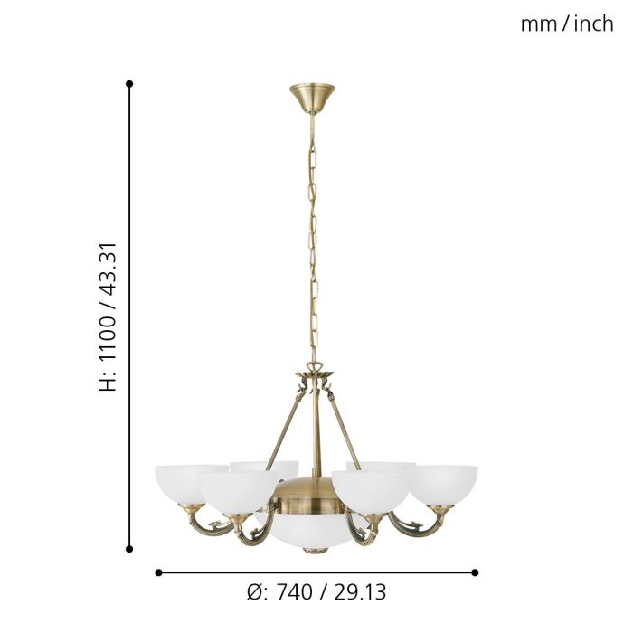 EGLO SAVOY Hanglamp - Gebronsde Metalen Behuizing - Witte Satijnen Glazen Kap - Elegante Plafondlamp - IP20 Veiligheidsklasse - Diameter 74 cm - Hoogte 110 cm - 220-240V, 50/60Hz