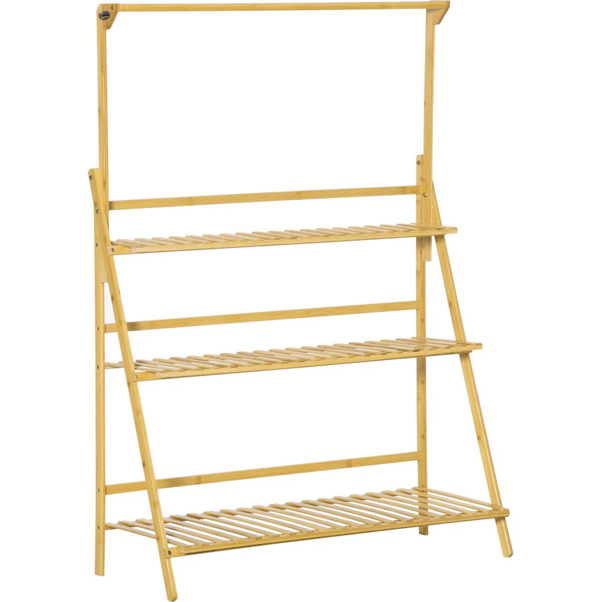Bamboe Plantenrek – 3-Laags Opvouwbare Plantenstandaard – Plantentrap met Ophangrek – Bloementrap voor Binnen & Buiten – Houten Plantenhouder – Decoratief Bloemenrek – 100 x 40 x 96 cm – Inclusief Tuingereedschap & Haken – Ruimtebesparend & Stevig