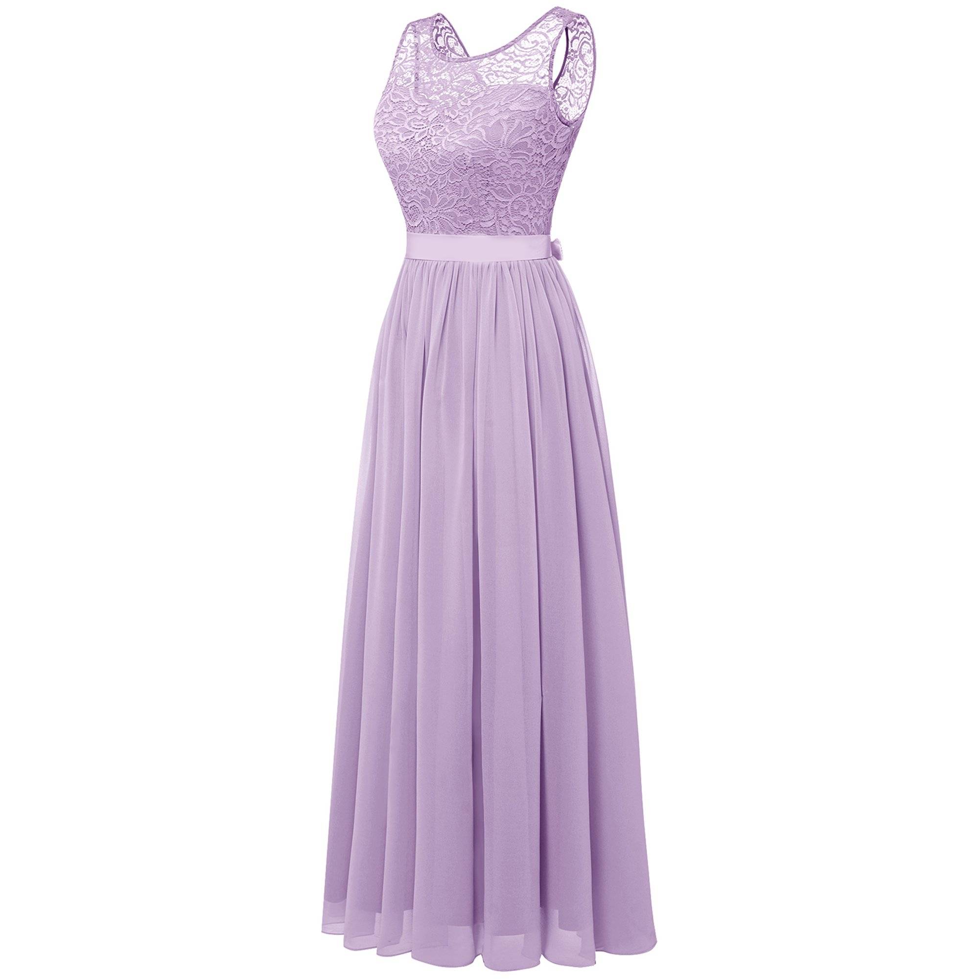 Lange Mouwloze Damesjurk met Kant en Chiffon - Bloemenkant Bovenstuk - Maxi Jurk met Satijnen Strik - Formele Avondjurk voor Bruiloft, Feest of Gala - Vloerlengte - Elegant & Comfortabel - Lavender