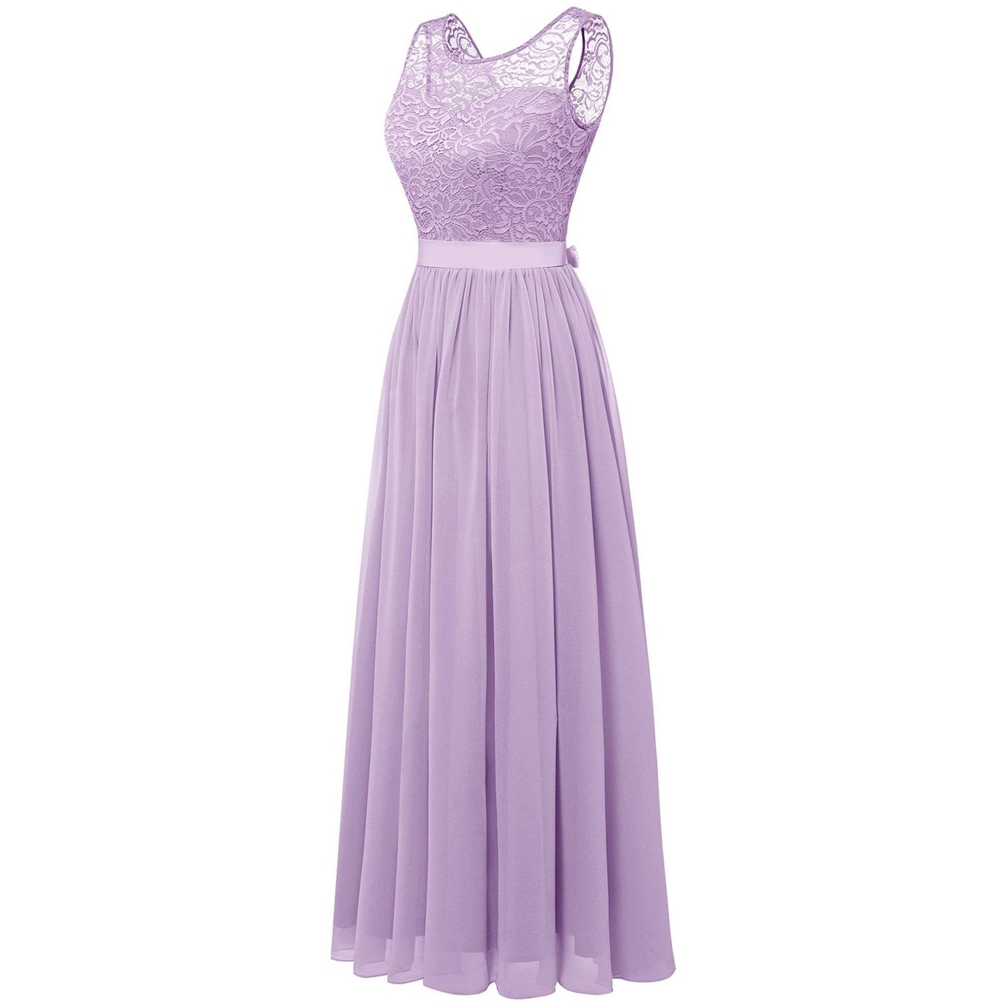 Lange Mouwloze Damesjurk met Kant en Chiffon - Bloemenkant Bovenstuk - Maxi Jurk met Satijnen Strik - Formele Avondjurk voor Bruiloft, Feest of Gala - Vloerlengte - Elegant & Comfortabel - Lavender
