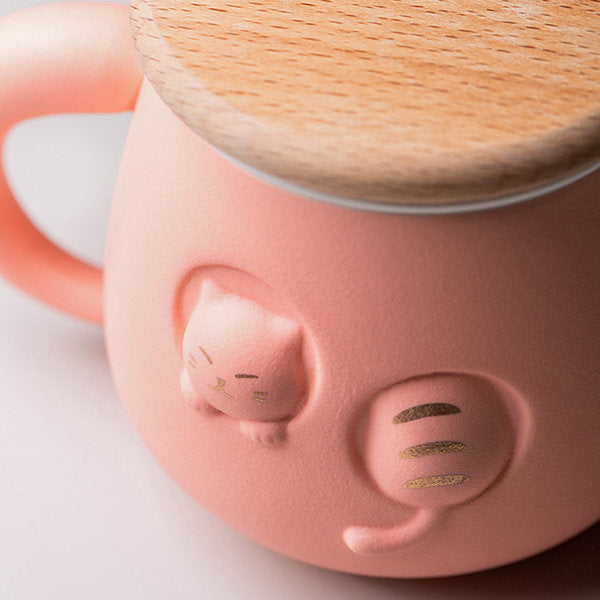 Oranje Kantoorbeker met Schattig Kattendesign - Keramische Theebeker met Deksel en Filter, 12.9 x 9.5 cm - Inclusief Reistas, Ideaal voor Thee- en Waterliefhebbers