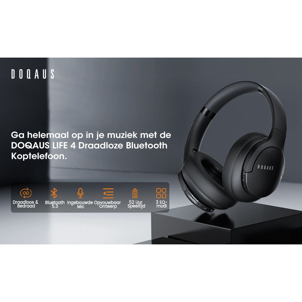 DOQUAS High Performance Bluetooth Koptelefoon- Draadloze Hoofdtelefoon V5.3 - Wireless Headphones- Opvouwbaar, 90 uur Speeltijd, 3 EQ Modi, Lichtgewicht met Microfoon - Krachtige Wireless Headset - Zwart