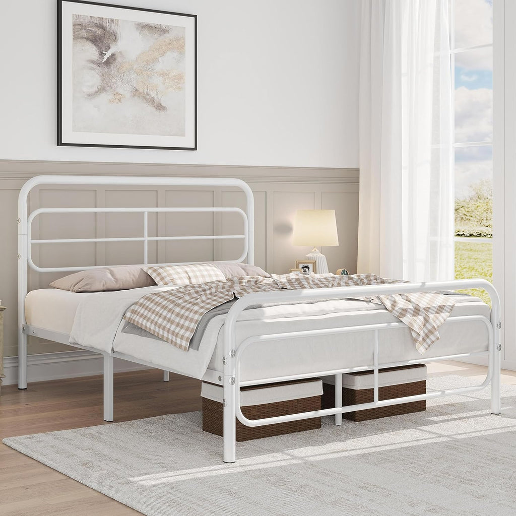 Modern Metalen Bedframe - Dubbel Bed 140x190 cm - Wit Platformbed Met Hoog Hoofdbord En Voetbord - Stabiele Bedbasis Met 12 Metalen Latten - 32 cm Onderbed Opbergruimte - Eenvoudige Montage - Industrieel Design