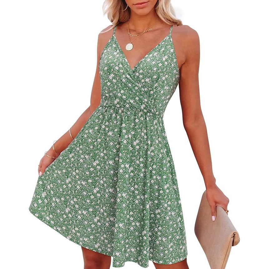Vrouwen Zomerjurk - Jurk voor de Zomer met Spaghettibandjes - V-hals Strandjurk met Zakken - Dames Zomerjurkje - Zomerse Strandjurk voor Vrouwen met Zakken - Zomerse Kleding voor Vrouwen - Vrouwelijke Zomerjurk met Zakken - Vakantie Kleding voor Dames