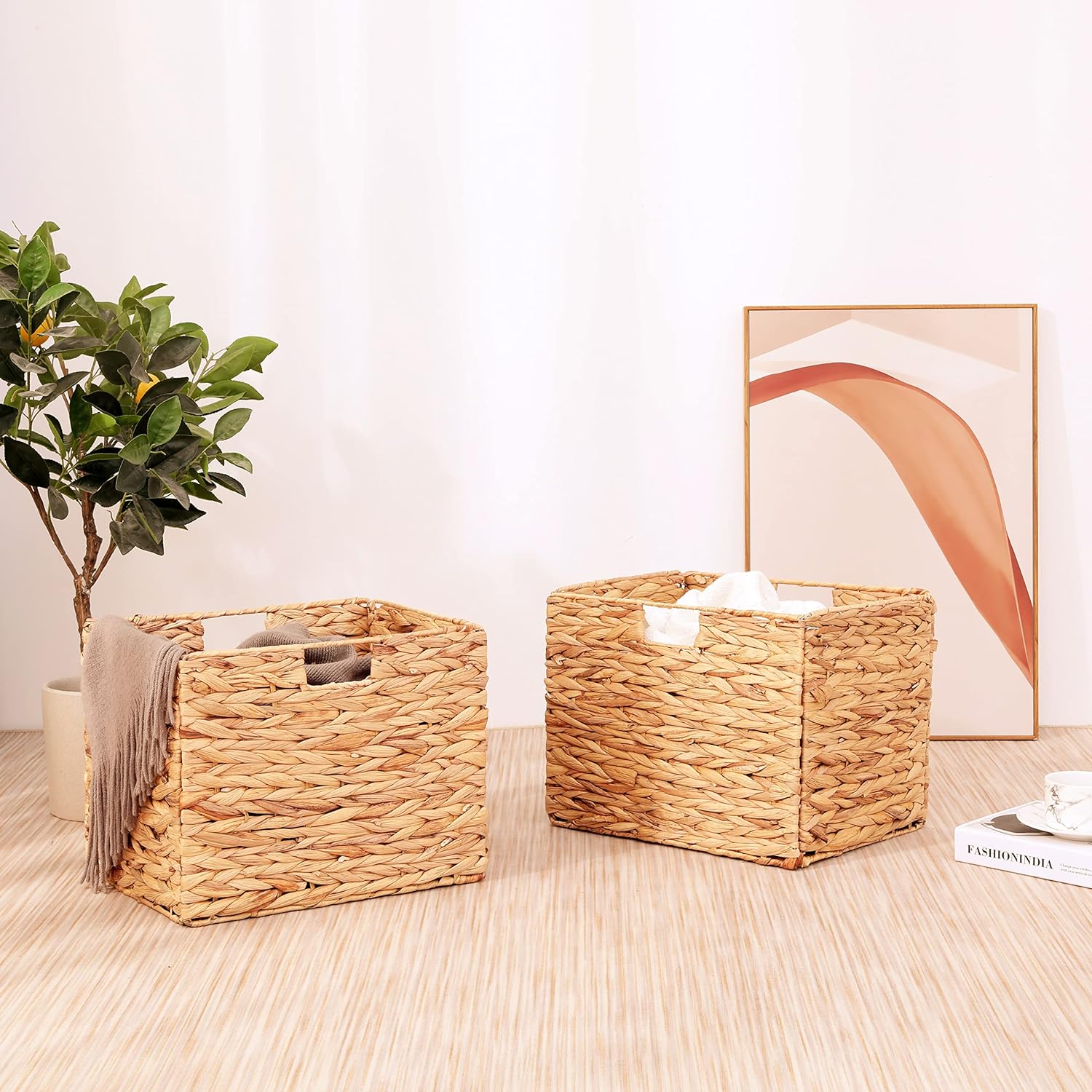 Set van 2 Natuurlijke Waterhyacint Opbergmanden 12x12 inch - Perfect voor Slaapkamer, Woonkamer & Kinderkamer, Stijlvolle Geweven Manden voor Schappen