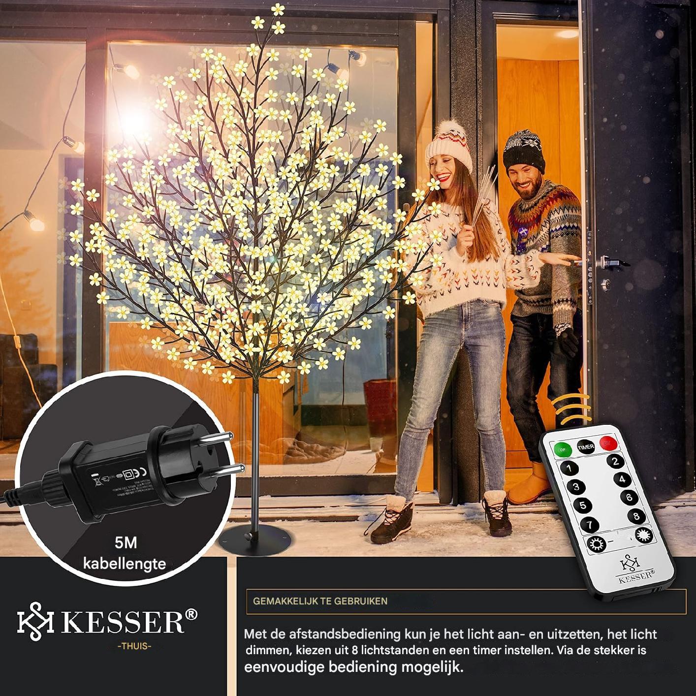 KESSER LED Kersenbloesem Boom – Met Afstandsbediening – Lichtboom voor Binnen & Buiten – IP44 Spatwaterdicht – 180 / 220 CM Hoog – Warm Wit