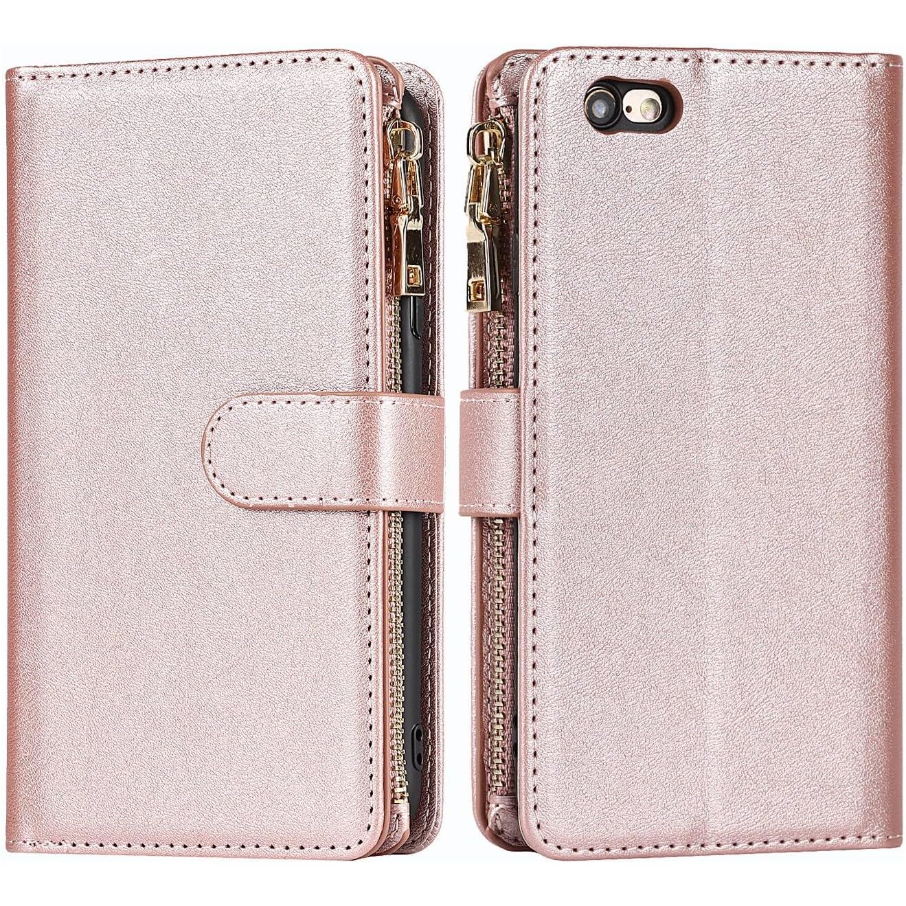 Portemonnee Hoesje voor iPhone 6 Plus - iPhone 6 Plus Hoesje met Band Staander - Telefoonhoesje iPhone 6s Plus met Kaarthouder voor Dames Heren - Leren Magnetisch Schokbestendige Beschermende Cover - Roségoud