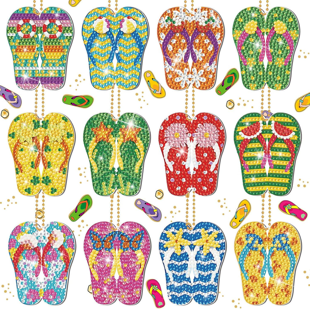 12-Stuks - Zomerse Slippers Diamond Painting Sleutelhangers - DIY Diamantschilderij Kit - Sleutelhanger Ornamenten - Kleurrijke Sleutelhanger Decoraties - Perfect voor Feestjes en Thuisdecoratie - Met Accessoires