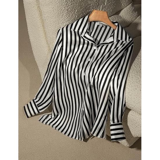 LILYSILK – Damesblouse – 100% Zijde – Blauw Witte Pinstripes – V-Hals – Lange Mouwen – Lichtgewicht – Ademend – Tijdloos Design – Maat S
