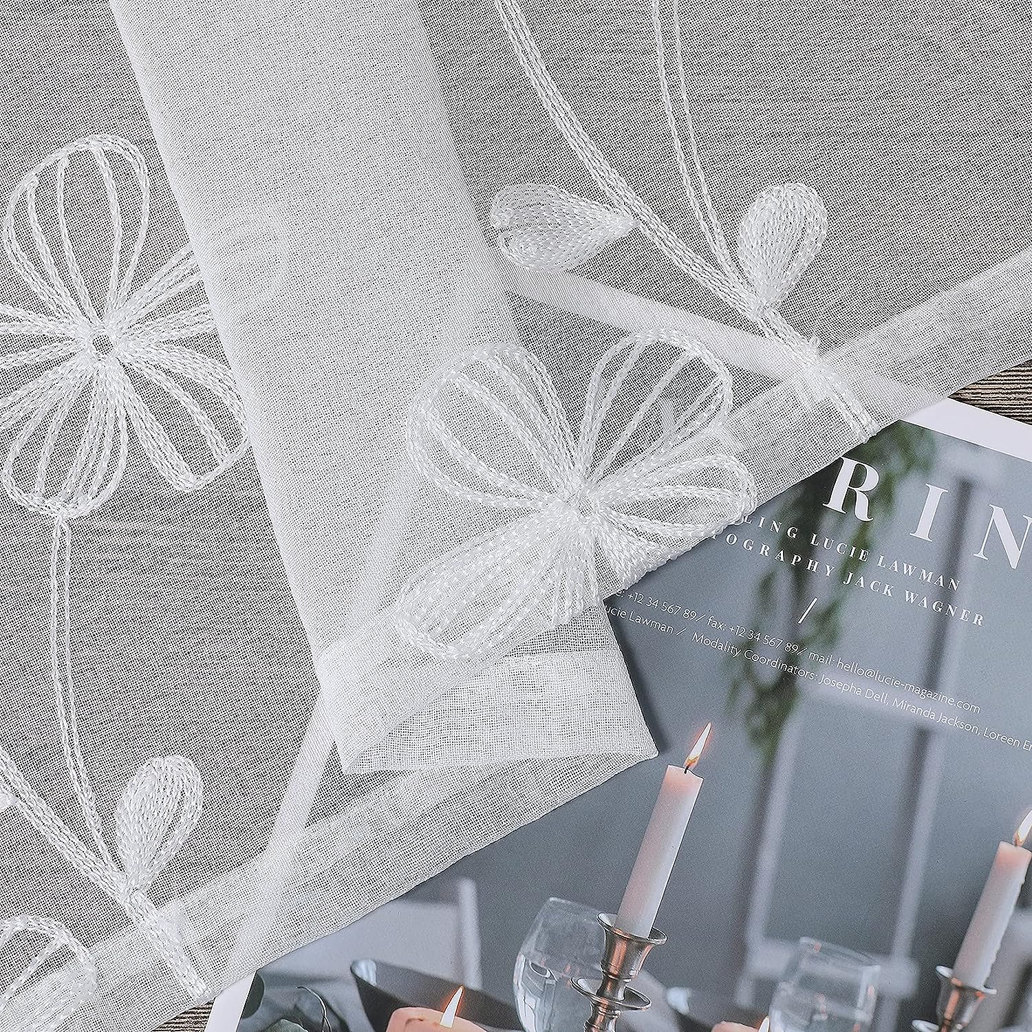 2-Pack Luxe Witte Valance - Semi-Transparante Raamdecoratie met Bloemenontwerp - Polyester Gordijn Voor Keuken & Badkamer - Stijlvolle Raamafwerking - Lichte & Elegante Raambekleding