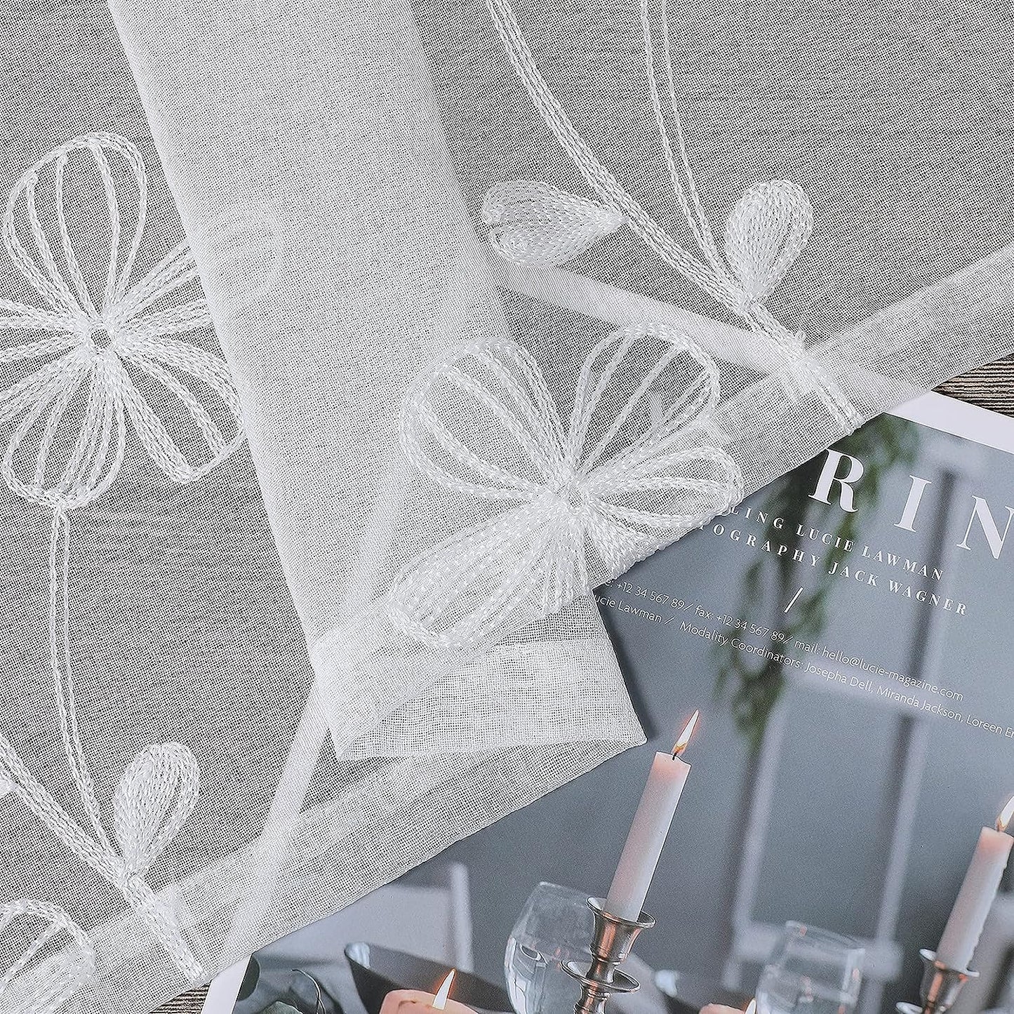 2-Pack Luxe Witte Valance - Semi-Transparante Raamdecoratie met Bloemenontwerp - Polyester Gordijn Voor Keuken & Badkamer - Stijlvolle Raamafwerking - Lichte & Elegante Raambekleding