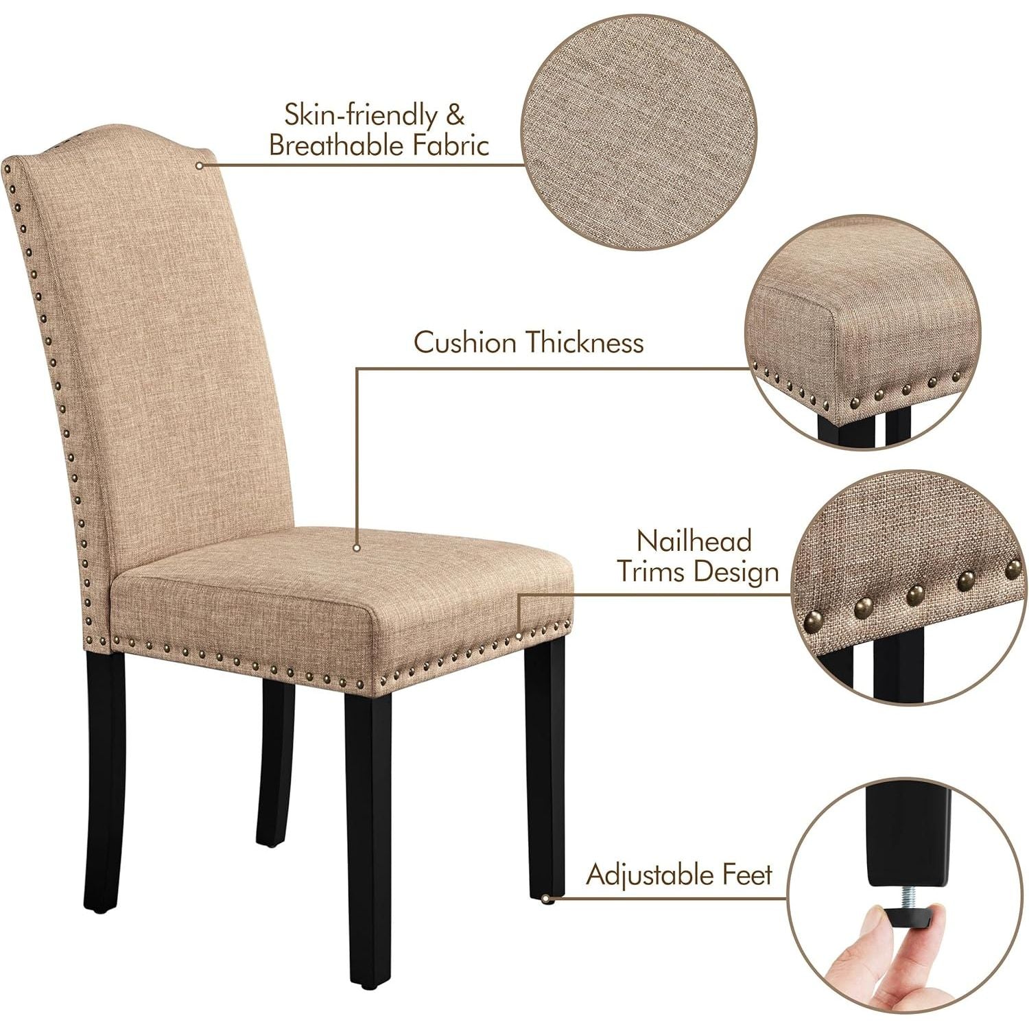 2 stuks eetkamerstoelen met hoge rug – gestoffeerde stoffen dining chairs – Parsons stijl stoel met houten poten – nagelrand afwerking – keukenstoel set khaki – 45.5 x 62 x 103 cm – moderne eetkamerstoelen met verstelbare poten