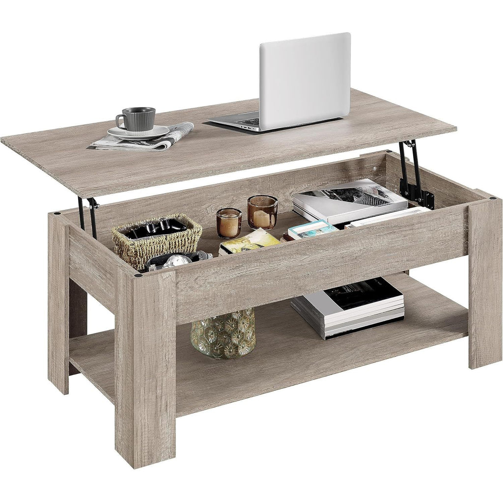 Yaheetech – 1 Stuk Verstelbare Salontafel Met Opbergrek – Hoogte Verstelbaar Van 49,5 Tot 63,5 cm – Met Verborgen Opbergruimte En Open Schappen – Moderne Industriële Stijl – Grijs – 120 x 59 x 49,5 cm