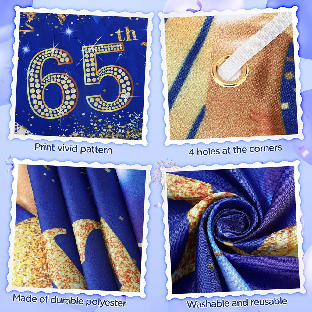 Luxe 65ste Verjaardagsdecoratieset voor Hem & Haar: Goud & Marineblauw met Confetti - Inclusief 250cm x 45cm Verjaardagsbanner en 18 Ballonnen