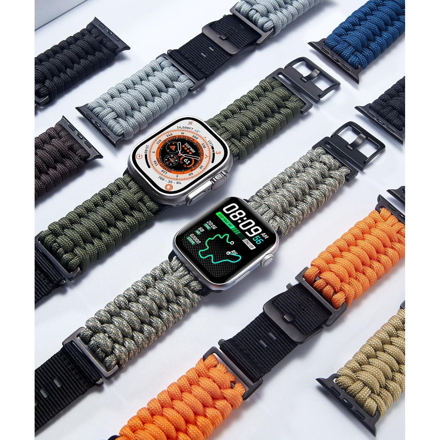 Compatibele Gevlochten Paracord Nylon Watch Band Voor Apple Watch 49mm 46mm 45mm 44mm 42mm – Outdoor Sport Horlogeband Voor Ultra 2 / Serie 10 / 9 / 8 / 7 / SE / 6 / 5 / 4 / 3 / 2 / 1 – Trilobite Gevlochten Design – Survival Strap Voor Heren En Dames