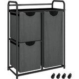 Wasmand met 3 Vakken en 1 Legplank – Wasmand op Wielen – 128 L Capaciteit – Grijs – 74,5x33x102 cm