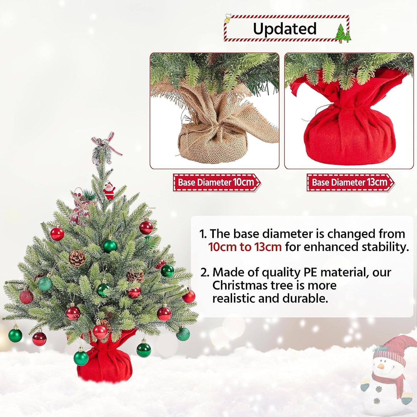 Yaheetech Mini Kunstkerstboom - 61 cm Hoog - Tafelkertboom met Cementbasis in Rode Stoffen Zak - Compacte Onverlichte Kerstdecoratie - Groene PE Naalden - 1 Stuk