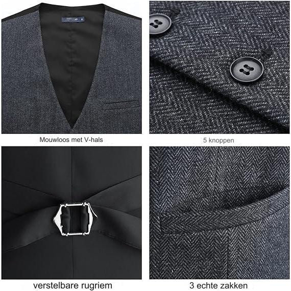 Herenvest - Herringbone Taillevest - Tweed Taillevest - Taillevest met 1 rij knopen - Formeel Kostuumvest voor Heren - Taillevest met Visgraatpatroon - Heren Gilet met 1 Knopenrij - Zakelijk Gilet met Visgraatpatroon