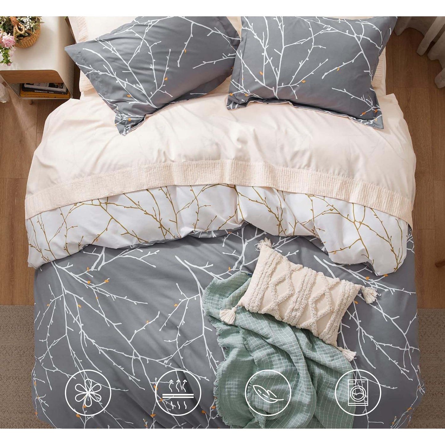 3 Stuks -luxe Bedsure King-Size Dekbedovertrek met Boomtakmotief - Botanische Grijze/Blawe Beddenset met Ritssluiting, Set Inclusief Omkeerbaar Dekbedovertrek 104"x90" en 2 Kussenslopen 20"x36