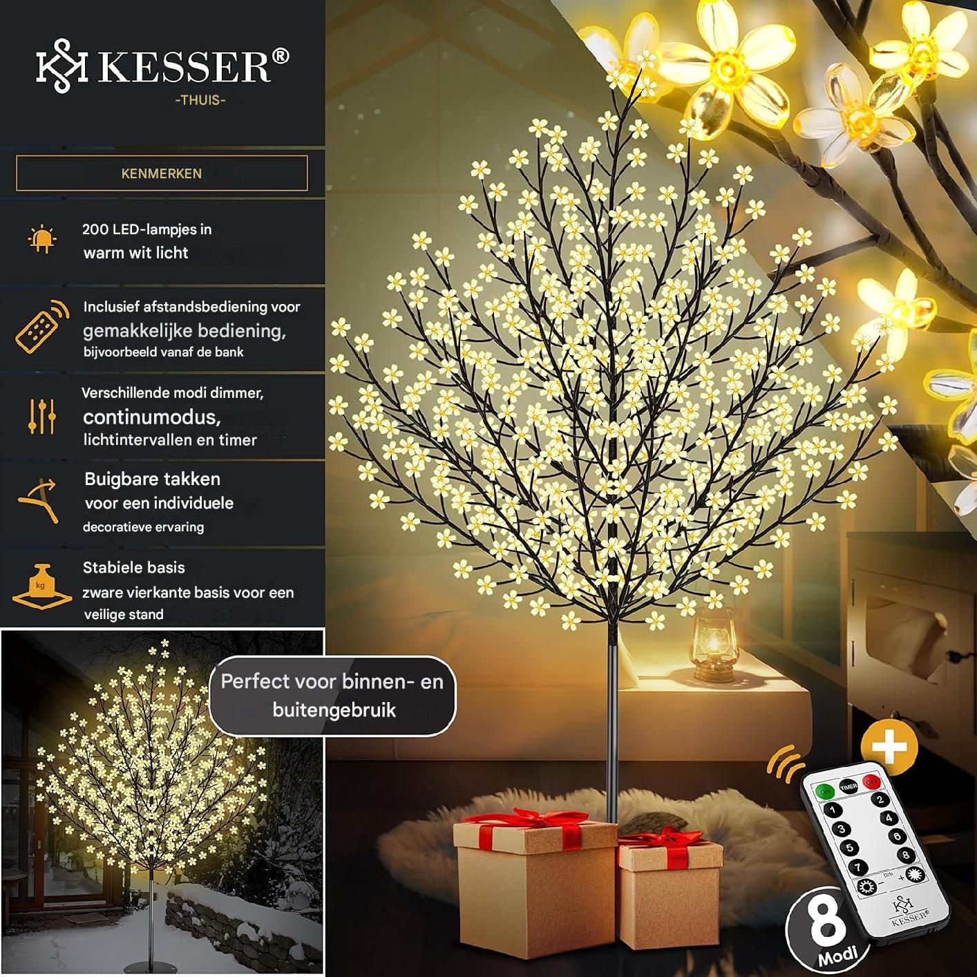 KESSER LED Kersenbloesem Boom – Met Afstandsbediening – Lichtboom voor Binnen & Buiten – IP44 Spatwaterdicht – 180 / 220 CM Hoog – Warm Wit