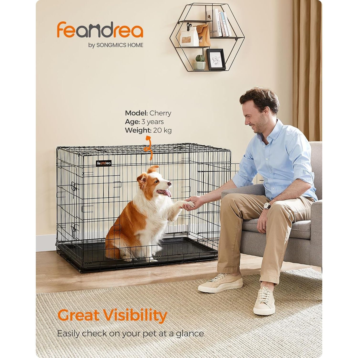 FEANDREA opvouwbare hondenbench – metalen hondenkooi 107 x 70 x 77.5 cm – transportbench met 2 deuren – zwarte draadkooi met kunststof bodem – bench voor middelgrote en grote honden 11-40 kg – inklapbare hondenkrat