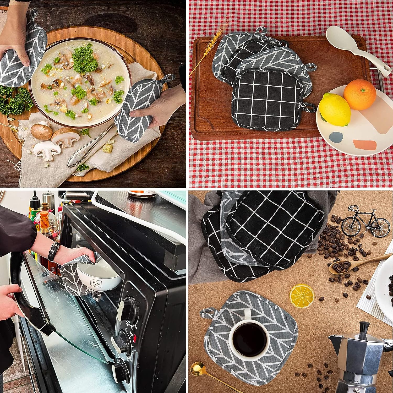 Set van 4 Katoenen Pannenlappen - 18x18cm - Hittebestendige Oven- & Kookhandschoenen - Stijlvolle Keukenaccessoires