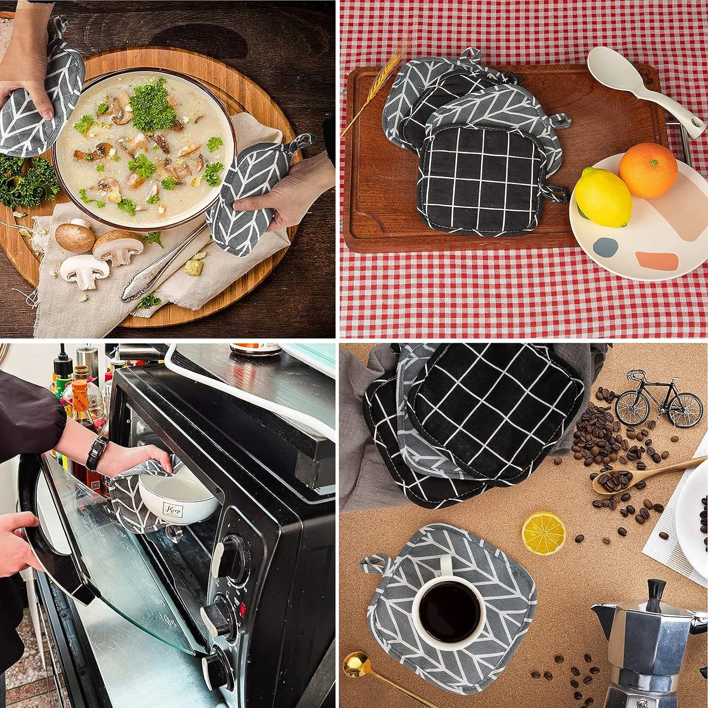 Set van 4 Katoenen Pannenlappen - 18x18cm - Hittebestendige Oven- & Kookhandschoenen - Stijlvolle Keukenaccessoires
