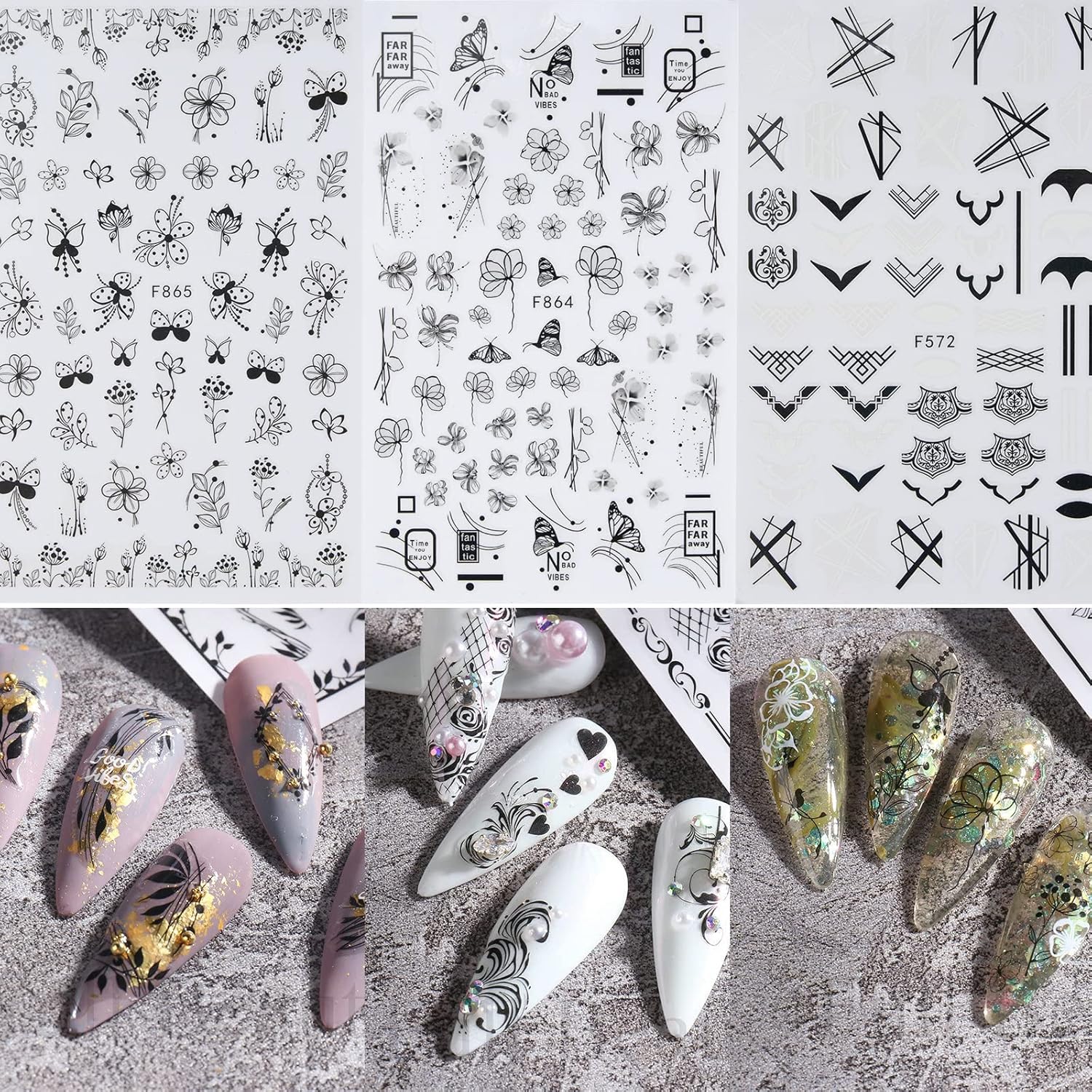 6 Vellen Nagelstickers - Zelfklevende Nail Art Stickers Met Bloemen En Vlinderpatroon - DIY Nagel Decals - Lichtgewicht Waterproof - Elegante Nagelversiering Voor Vrouwen En Meisjes - Botanisch Thema - ChouchouClip Stijl