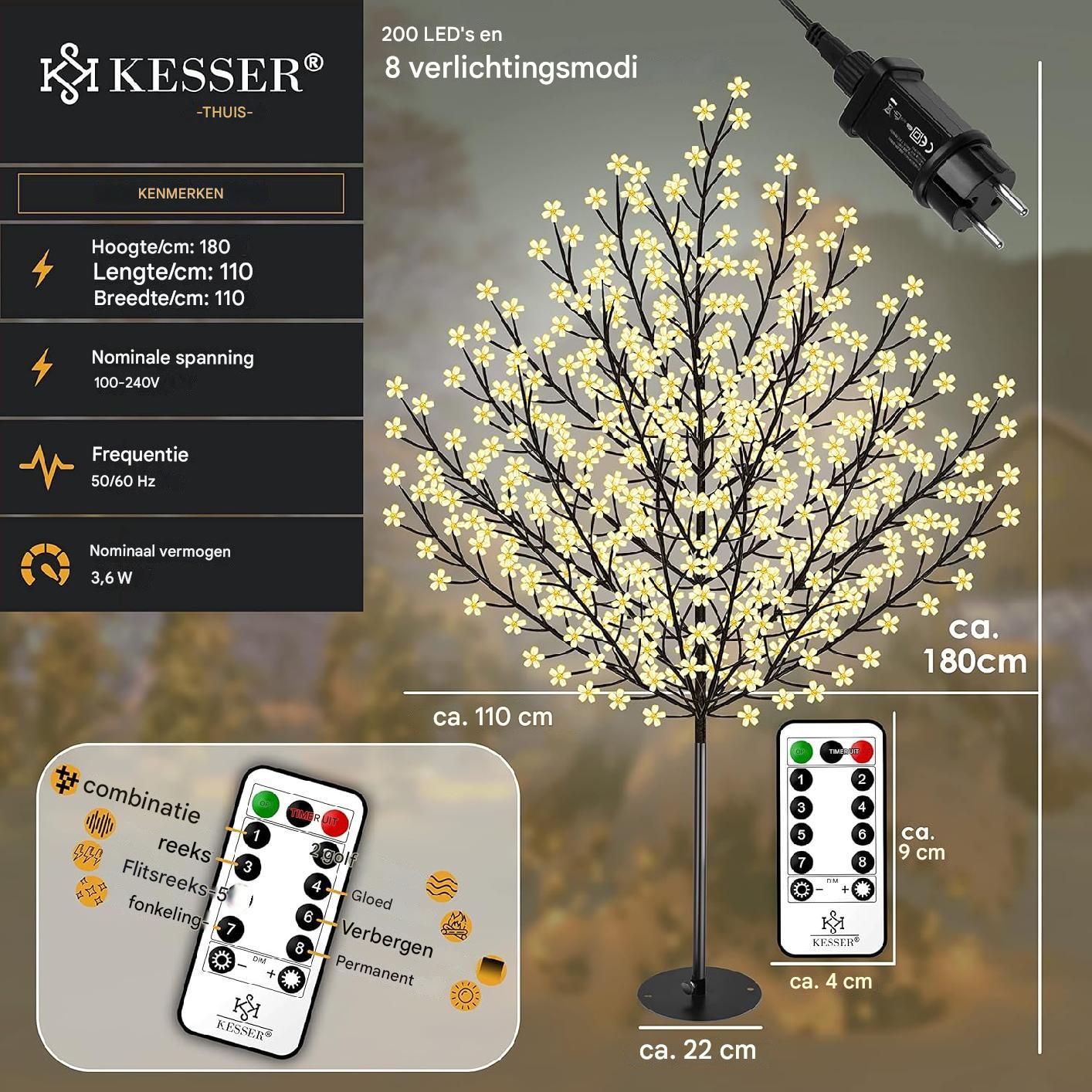 KESSER LED Kersenbloesem Boom – Met Afstandsbediening – Lichtboom voor Binnen & Buiten – IP44 Spatwaterdicht – 180 / 220 CM Hoog – Warm Wit
