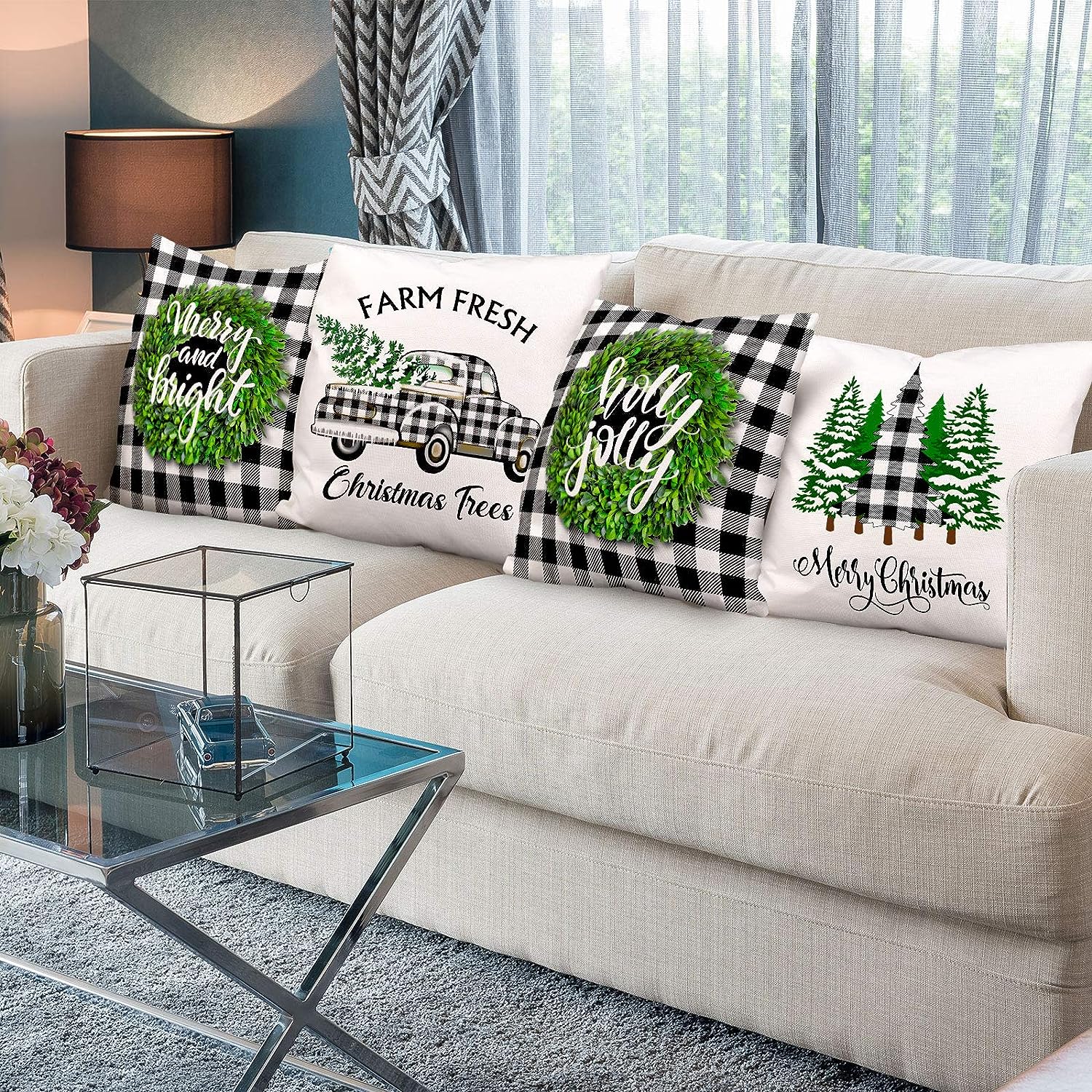 Set van 4 - Kerst Kussenhoes - Zwart Wit Plaid Design - Feestelijke Decoratie - 45 x 45 cm