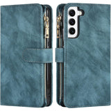 5G- Blauw Groen- Portemonnee Hoesje voor Samsung Galaxy S22 Plus/ S22+ met Magnetische Sluiting, Creditcardhouder en Riem- Samsung Galaxy S22 Plus/ S22+ Case van PU Leer- Telefoon Cover met Ritsvak en Schouderband voor Mannen en Vrouwen